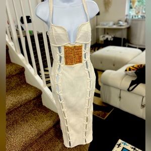 Ivory Halter Midi Dress with Gold Embellished Waist